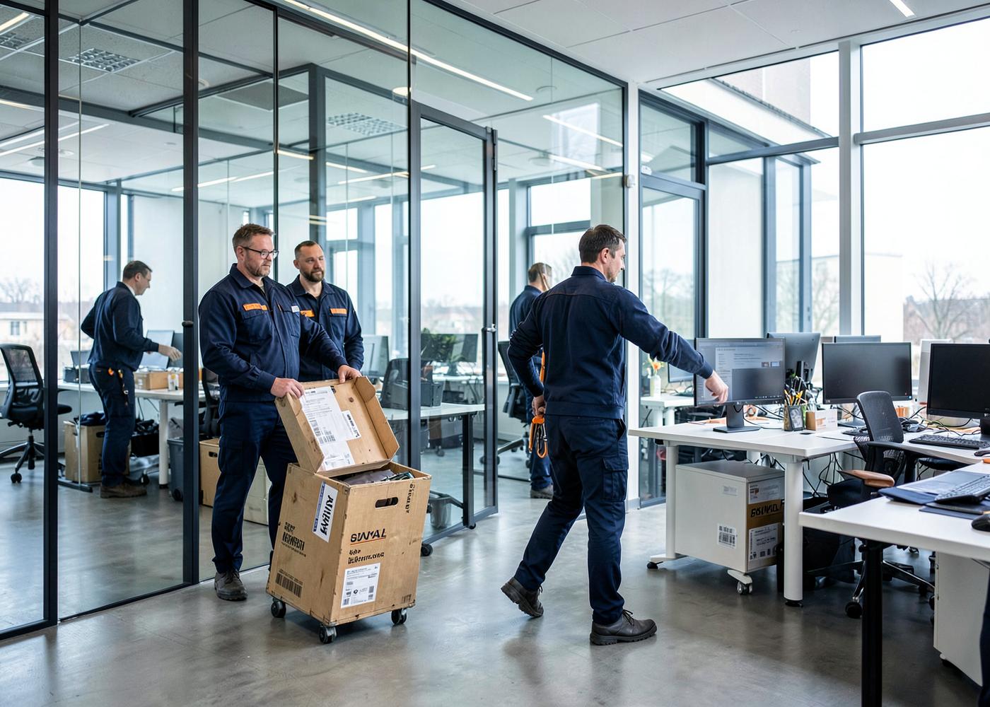 Rollende Umzugskisten in einem modernen Hamburger Büro mit Glastrennwänden