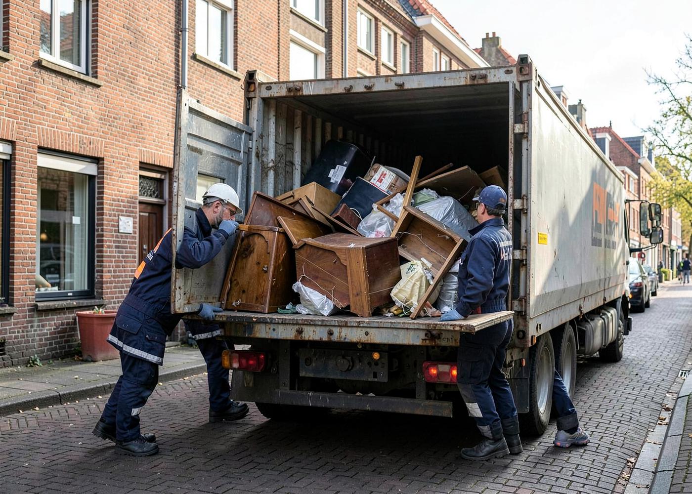 Zwei Mitarbeiter verladen Sperrmüll und alte Möbel in einen Container-Lkw vor Hamburger Backsteinhäusern