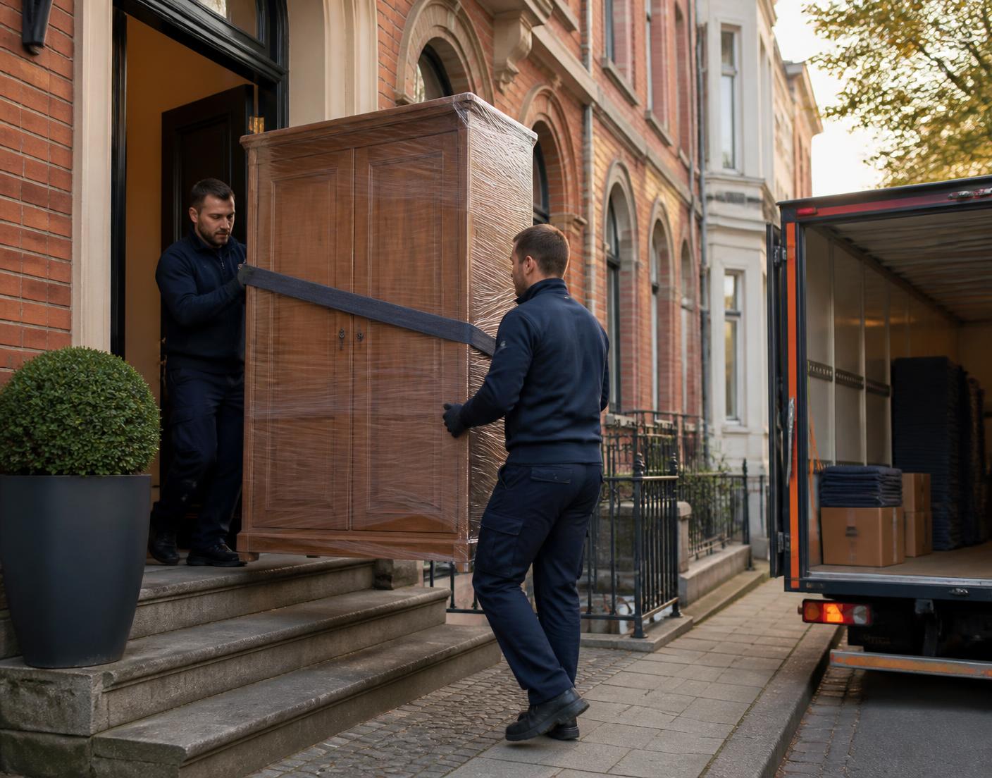 Zwei Beschäftigte tragen einen foliierten Schrank aus einem Hamburger Altbau in den Umzugswagen