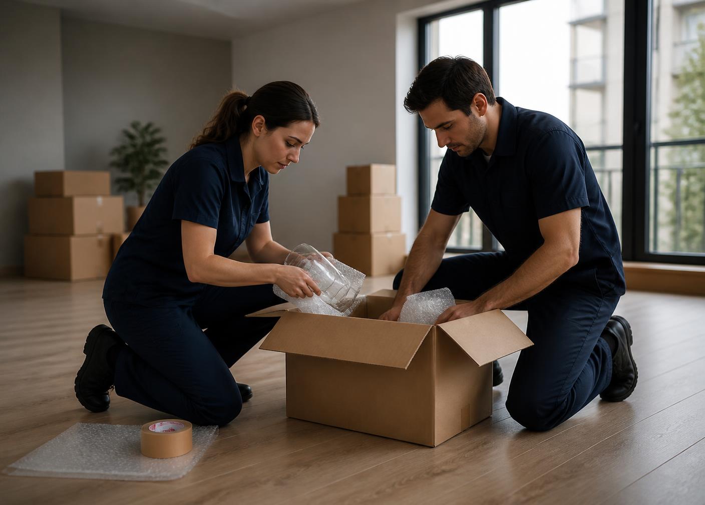 Zwei Beschäftigte verpacken Glas in einen Umzugskarton in einer Hamburger Wohnung